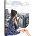 Девушка на фоне городского пейзажа Родные панельки Люди Портрет Женщина Кофе Дома Раскраска картина по номерам на холсте