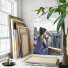 Девушка на фоне городского пейзажа Родные панельки Люди Портрет Женщина Кофе Дома 100х125 Раскраска картина по номерам на холсте