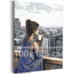 Девушка на фоне городского пейзажа Родные панельки Люди Портрет Женщина Кофе Дома 100х125 Раскраска картина по номерам на холсте
