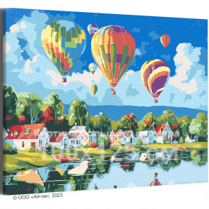 Воздушные шары над рекой и домами Пейзаж Природа Лето 100х125 Раскраска картина по номерам на холсте