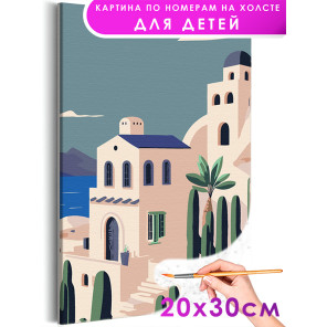 Белые домики Греции Морской пейзаж Город Лето Море Маленькая Раскраска картина по номерам на холсте