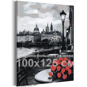 Романтика Лондона Цветы Розы Городской пейзаж Черно белая Любовь 100х125 Раскраска картина по номерам на холсте