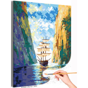 Корабль и скалы Пейзаж Море Океан Горы Раскраска картина по номерам на холсте