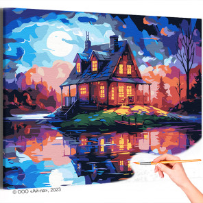 Дом у воды Пейзаж Природа Река Ночь Луна Раскраска картина по номерам на холсте
