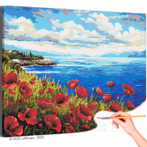 Красные маки на берегу моря Цветы Морской Пейзаж Природа Лето Раскраска картина по номерам на холсте