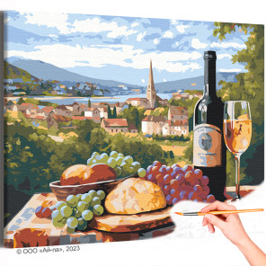 Вино и фрукты на фоне Итальянского городка Натюрморт Природа Раскраска картина по номерам на холсте