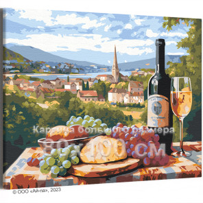 Вино и фрукты на фоне Итальянского городка Интерьерная 80х100 Раскраска картина по номерам на холсте