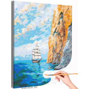 Парусник у скалы Корабль Горы Морской пейзаж Море Океан Раскраска картина по номерам на холсте