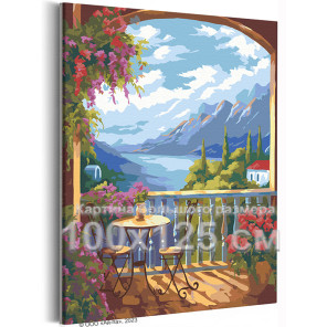 Вид на море и горы Морской пейзаж Природа Лето Италия Цветы 100х125 Раскраска картина по номерам на холсте