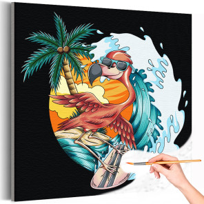 Фламинго серфингист на море Сердце Птицы Лето Океан Пляж Пальмы Раскраска картина по номерам на холсте