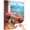 Балкон с видом на море и горы Городок Италия Пейзаж Лето Цветы Раскраска картина по номерам на холсте