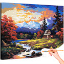 Дом в горах на закате Природа Пейзаж Осень Река Вода Раскраска картина по номерам на холсте