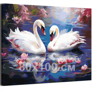 Лебеди и цветы на озере Птицы Природа Пейзаж Весна Цветы Вода 80х100 Раскраска картина по номерам на холсте