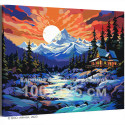 Дом на берегу реки и горы Пейзаж Природа Зима Закат Интерьерная 100х125 Раскраска картина по номерам на холсте