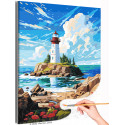 Пейзаж с маяком и цветами Природа Море Океан Небо Лето Раскраска картина по номерам на холсте