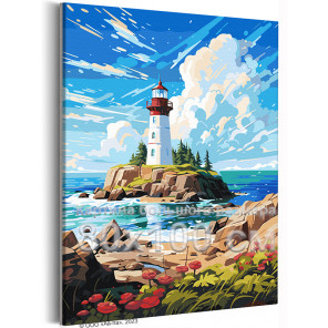 Пейзаж с маяком и цветами Природа Море Океан Небо Лето 80х100 Раскраска картина по номерам на холсте