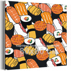 Суши и ролы Еда Япония Для Кухни Натюрморт 80х80 Раскраска картина по номерам на холсте
