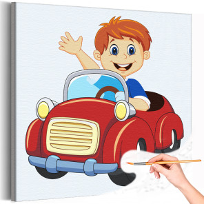 1 Мальчик на красной машине Ребенок Автомобиль Для детей Детская Для девочек Для мальчиков Простая Раскраска картина по номерам 