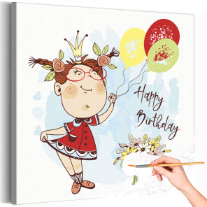 1 Девочка с цветами и воздушными шарами Коллекция Cute girl Дети Ребенок Для детей Детские Для девочек Праздник Раскраска картин