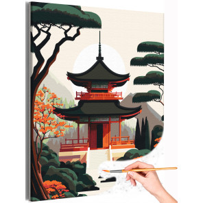 1 Китайский дом в горах Пейзаж Природа Страны Деревья Раскраска картина по номерам на холсте
