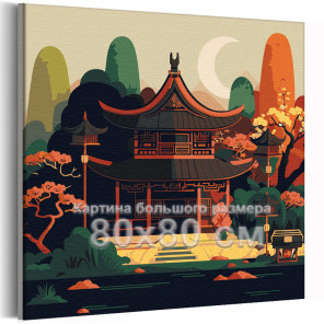 Японский храм в сумерках Природа Пейзаж Горы Страны Дом 80х80 Раскраска картина по номерам на холсте