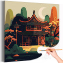 Японский храм в сумерках Природа Пейзаж Горы Страны Дом Раскраска картина по номерам на холсте