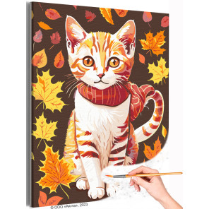  Рыжий котенок в осенних листьях Животные Коты Кошки Осень Для детей Детская Раскраска картина по номерам на холсте AAAA-ST0301