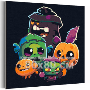 Веселые монстры на хэллоуин Мультики Детская Для детей Halloween Яркая Простая 80х80 Раскраска картина по номерам на холсте