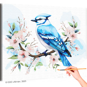  Голубая сойка на ветвях с цветами Природа Птицы Весна Раскраска картина по номерам на холсте AAAA-NK588