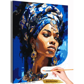  Портрет африканки на синем Люди Девушка Женщина Стильная Яркая Африка Раскраска картина по номерам на холсте с золотой краской 