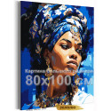 Портрет африканки на синем Люди Девушка Женщина Стильная Яркая Африка 80х100 Раскраска картина по номерам на холсте с золотой краской