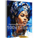 Портрет африканки на синем Люди Девушка Женщина Стильная Яркая Африка 100х125 Раскраска картина по номерам на холсте c золотой краской