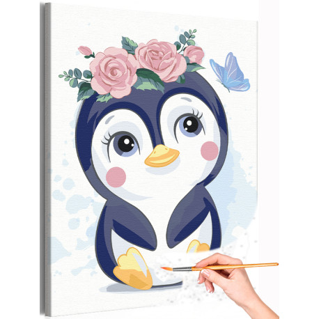 1 Пингвин с розами и бабочкой Коллекция Cute animals Животные Птицы Для детей Детские Для девочек Для малышей Раскраска картина 