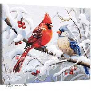 Птицы на ветвях с ягодами Природа Зима Кардиналы Пара Любовь Романтика 80х100 Раскраска картина по номерам на холсте