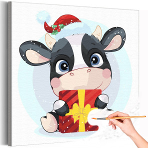 1 Корова с подарком на Рождество Новый год Животные Бык Зима Для детей Детская Для девочки Для мальчика 40х40 Раскраска картина 