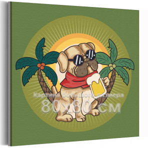 Мопс с кружкой пива на пляже Пес Собака Женок Животные 80х80 Раскраска картина по номерам на холсте
