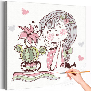 1 Девочка с кактусом Цветы Дети Детские Для детей Для девочек Девушка Раскраска картина по номерам на холсте
