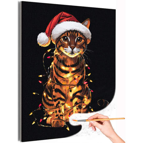 AAAA-Q2851 Бенгальская кошка с гирляндой Животные Коты Котята Новый год  Рождество Зима Раскраска картина по номерам на холсте недорого купить в  интернет магазине в Краснодаре , цена, отзывы, фото
