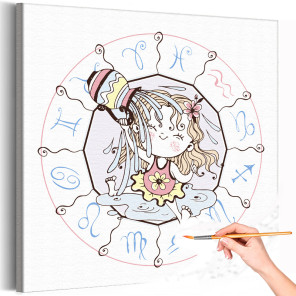 1 Девочка водолей в зодиакальном круге Знак Зодиак Созвездие Для детей Детские Для девочек Раскраска картина по номерам на холст