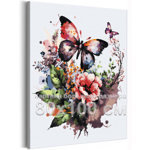Цветы шиповника и бабочка Природа Букет Лето Яркая Интерьерная 80х100 Раскраска картина по номерам на холсте