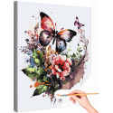 Цветы шиповника и бабочка Природа Букет Лето Яркая Интерьерная Раскраска картина по номерам на холсте