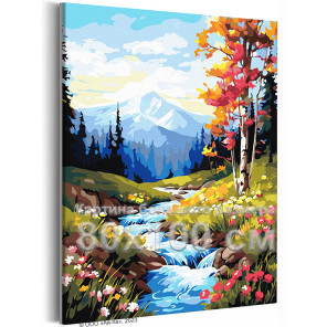 Ручей в горах Природа Пейзаж Цветы Весна Осень Лес Река Вода Рассвет Закат Альпы 80х100 Раскраска картина по номерам на холсте