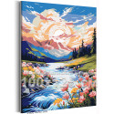 Весна в горах Природа Пейзаж Цветы Лес Река Вода Рассвет Закат Альпы 100х125 Раскраска картина по номерам на холсте