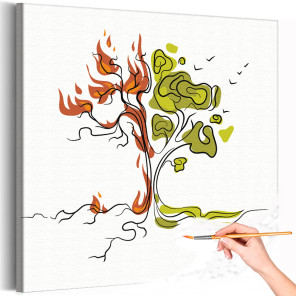 1 Дерево и огонь Коллекция Line Природа Абстракция Птицы Раскраска картина по номерам на холсте