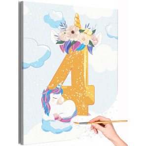 1 Единорог и цифра четыре Коллекция Cute animals Праздник День рождения Для детей Детские Для девочек Раскраска картина по номер