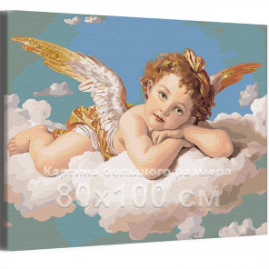 Ангел с золотыми крыльями на облаках Люди Дети Ребенок Маленький мальчик Небо 80х100 Раскраска картина по номерам на холсте с ме