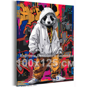 Стильная панда на фоне города Животные Арт Граффити Яркая Медведь Золото 100х125 Раскраска картина по номерам на холсте с неонов