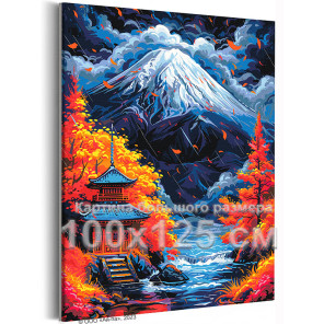 Яркая осень в Японии Природа Пейзаж Дом Горы Футзияма Вода Дождь 100х125 Раскраска картина по номерам на холсте с неоновыми крас