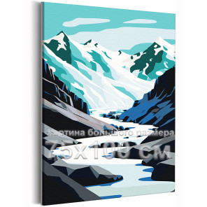 Река в снежных горах Пейзаж Природа Зима Для детей Маленькая Легкая 75х100 Раскраска картина по номерам на холсте