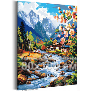 Природа в горах весной Пейзаж Дома Цветущие ветви Река Альпы Интерьерная 80х100 Раскраска картина по номерам на холсте